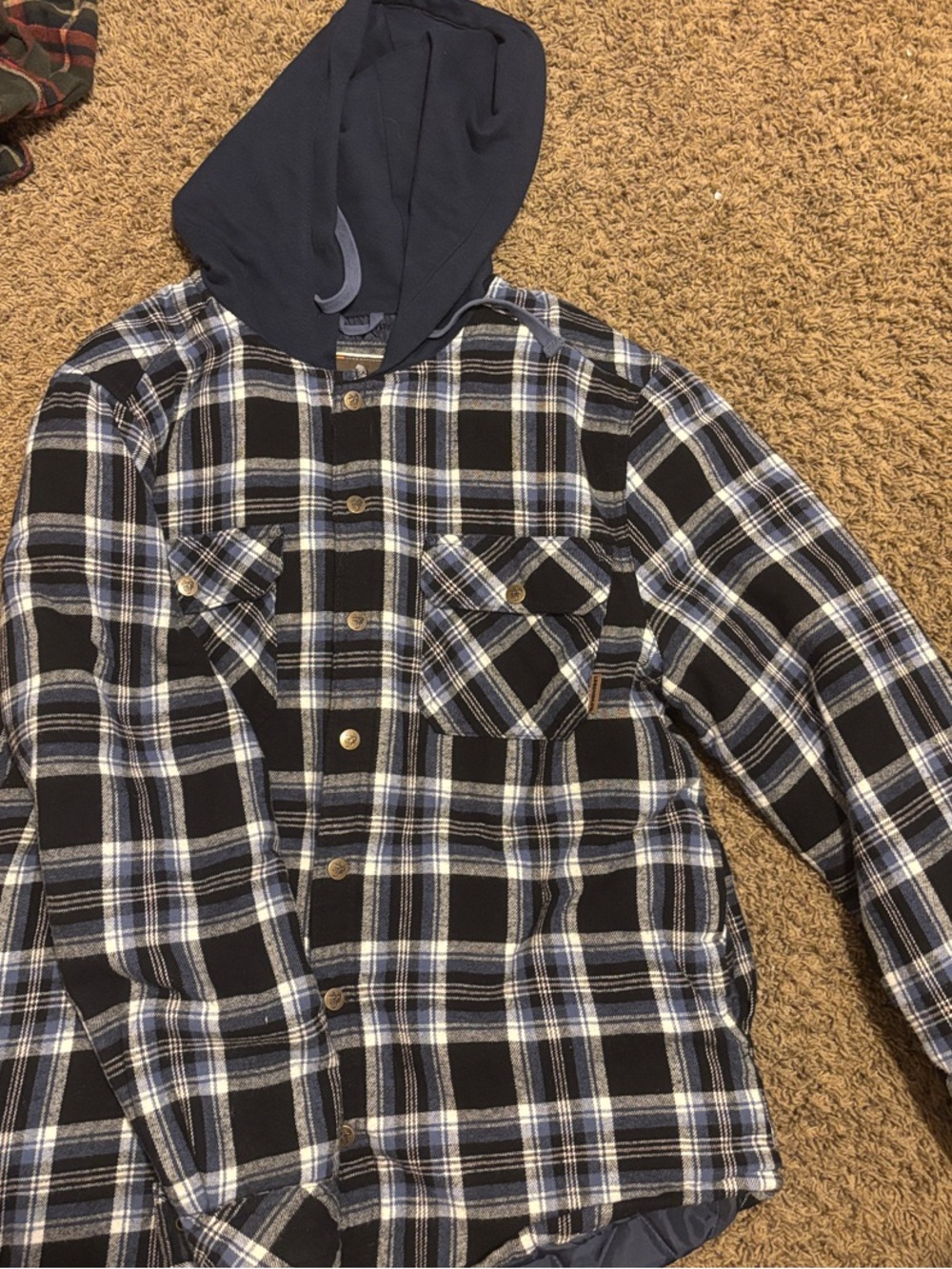 Men's Navy & Black Plaid Hooded Flannel Shirt